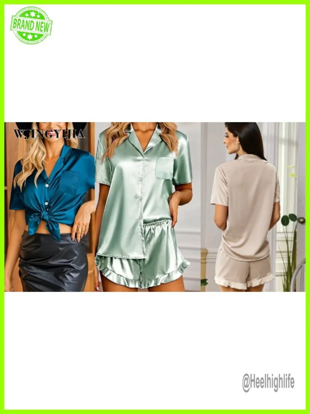 Womens 3Pcs Satin Pajamas Set Ruffle Camisole Sleepwear Pj Sets
